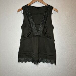 White House Black Market Womens S Top Y2K Style Green Lace V-Neck Babydoll Tank